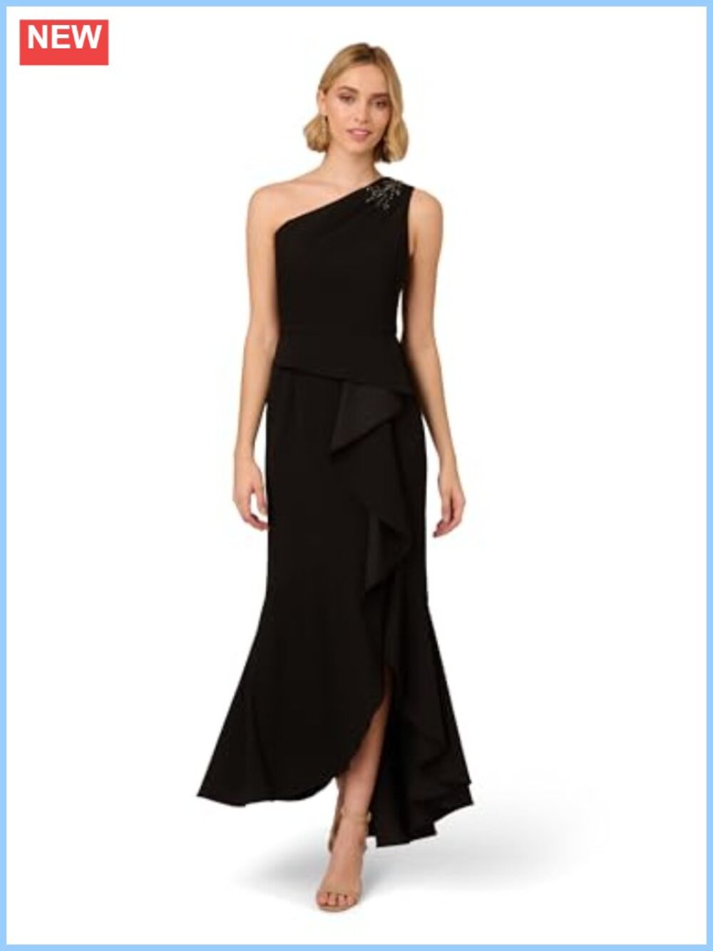 One Shoulder Beaded Knit Crepe Mermaid Gown Formal Evening Dress